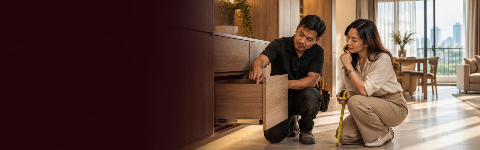 A fitter and an owner checking a drawer front during the fit-out