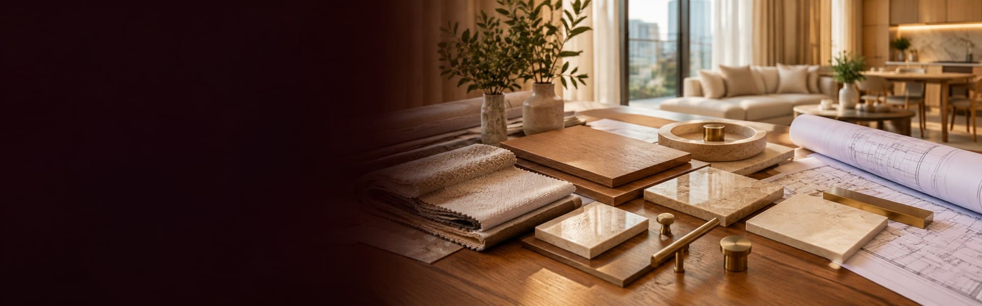 Material and finish samples laid out beside a rolled drawing