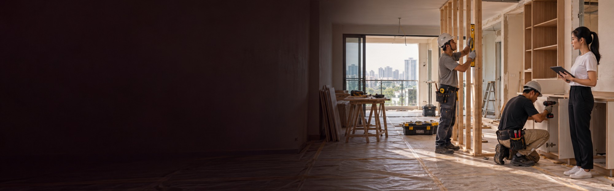 Renovation: carpenters framing partitions and fitting built-in cabinets as the work is checked